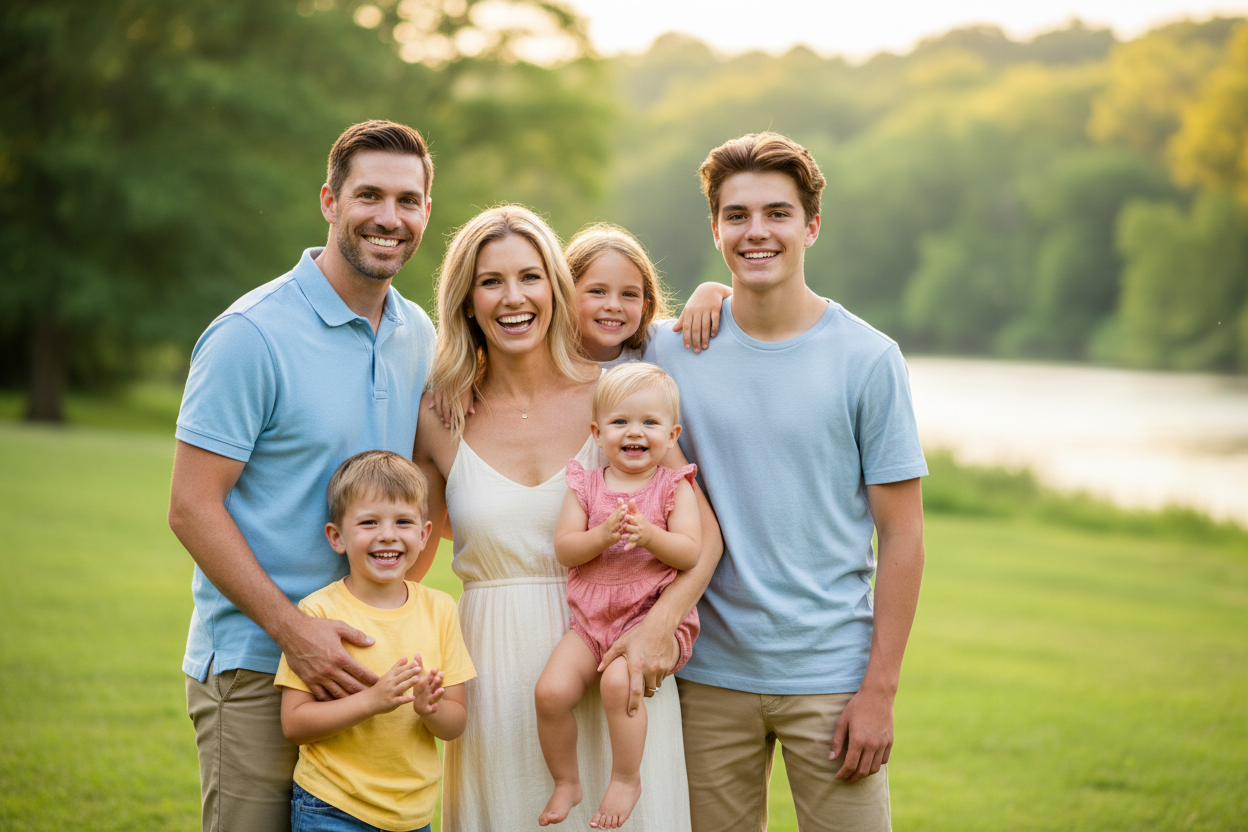 Healthy looking family, 2 adults , teenager  and two young children